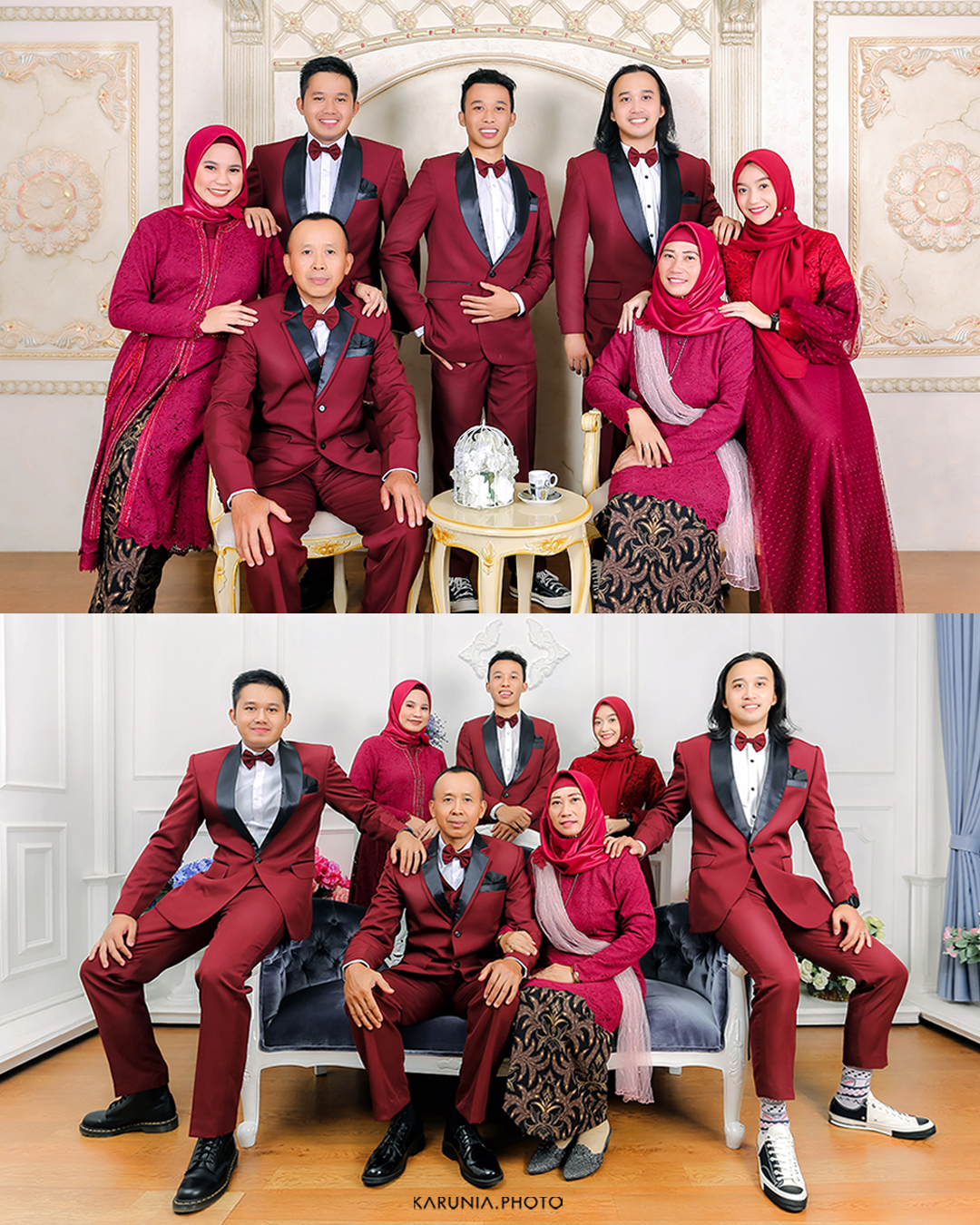 Multigenerational family portrait with grandparents, parents and children in coordinated outfits in a sunflower field
